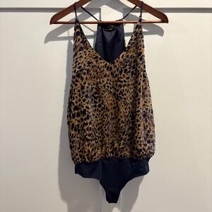 VICI Leopard Bodysuit Women's Large Brown Navy‎ Burnout Velvet Shimmer